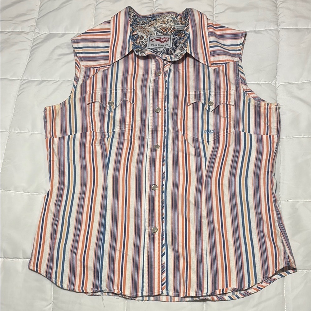 Roper Striped Sleeveless Pearl Snap Top - Multicolor